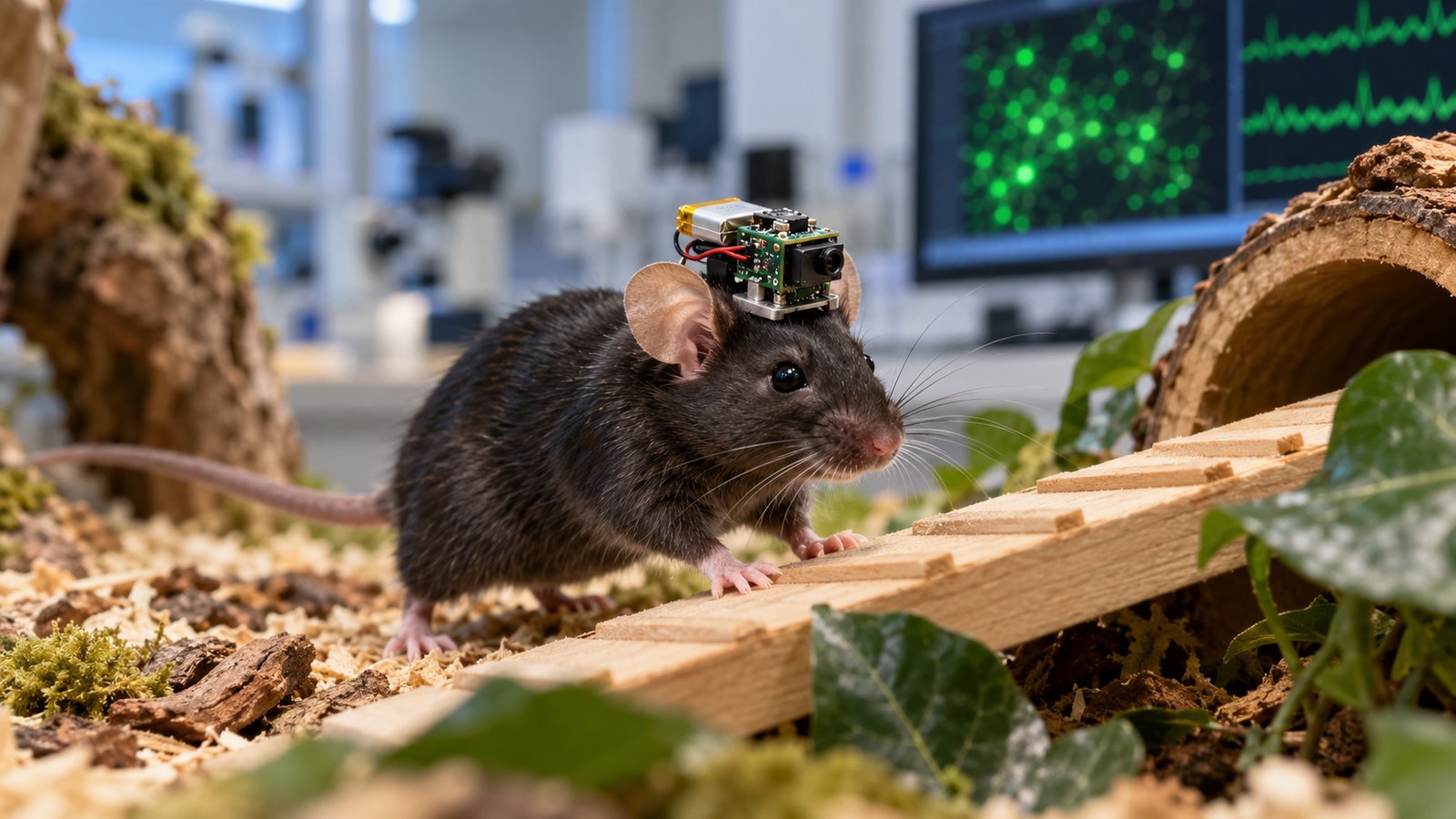 AI-иллюстрация по реальным референсам к материалу: Однограммовый микроскоп позволил наблюдать тысячи нейронов у свободно движущихся мышей