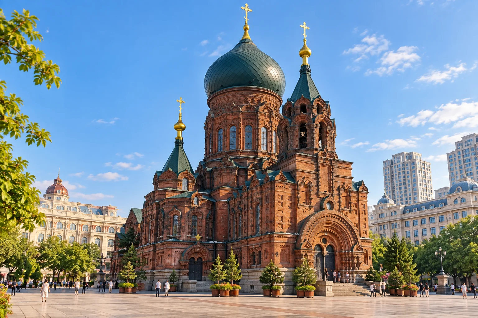 Авторская иллюстрация Софийского собора в Харбине в тёплом летнем свете